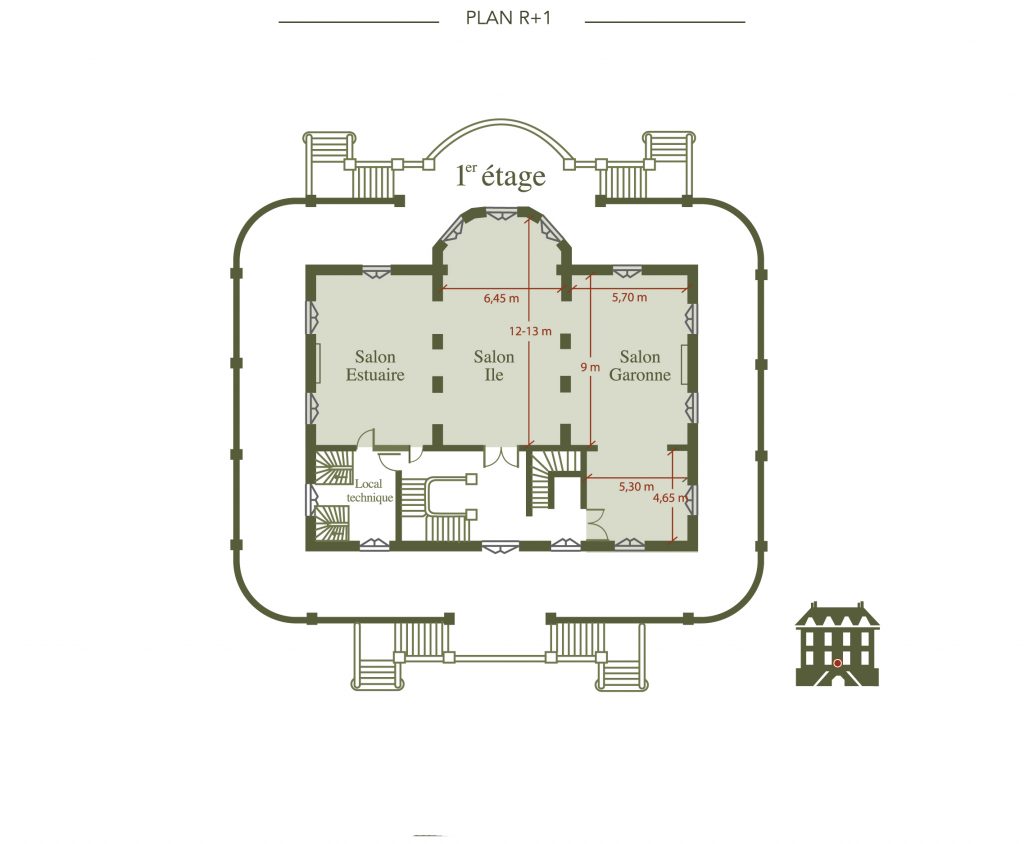 Plan des salles de réception à l'étage du château